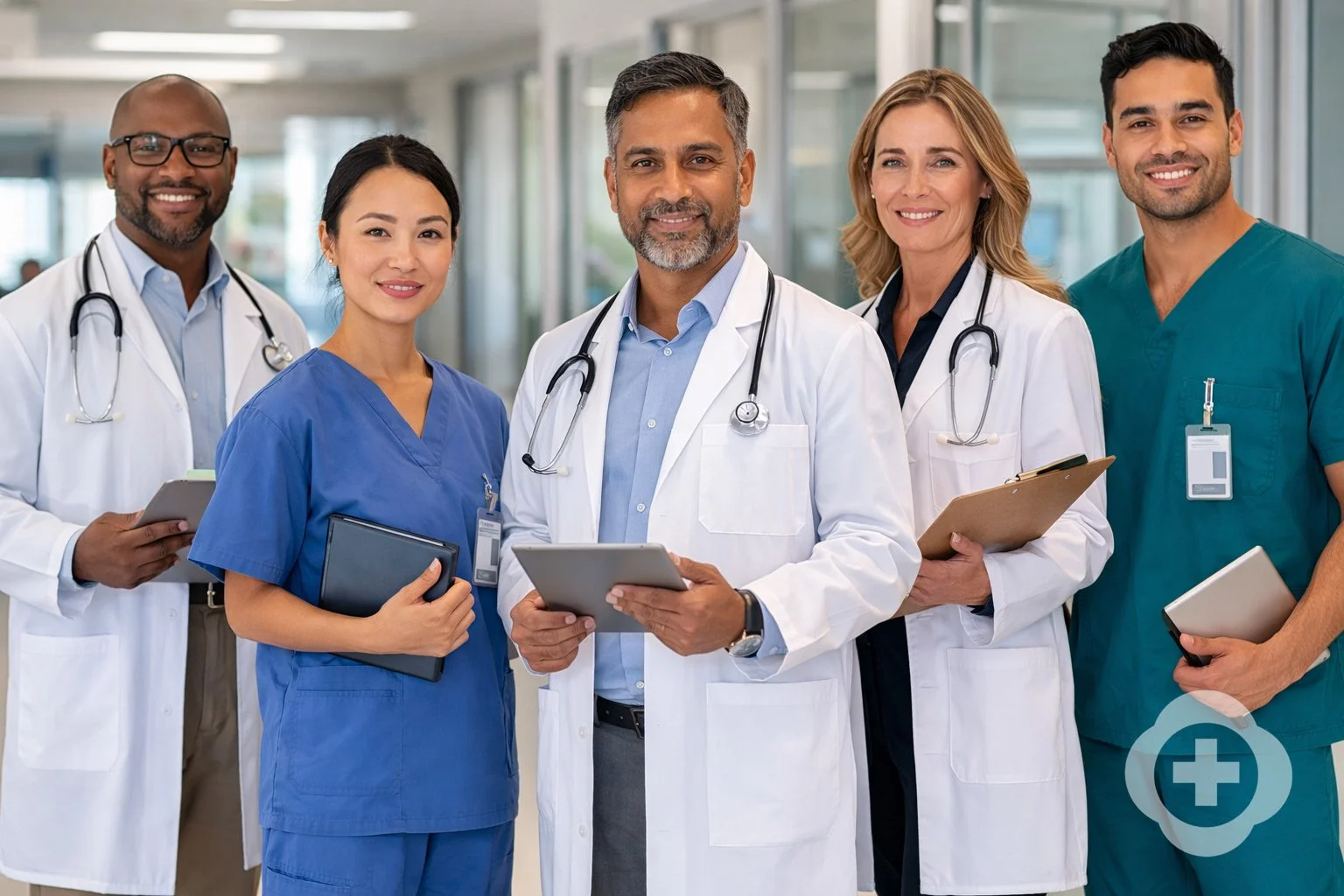Group of five healthcare professionals in medical attire standing together in a hospital corridor, smiling at the camera.