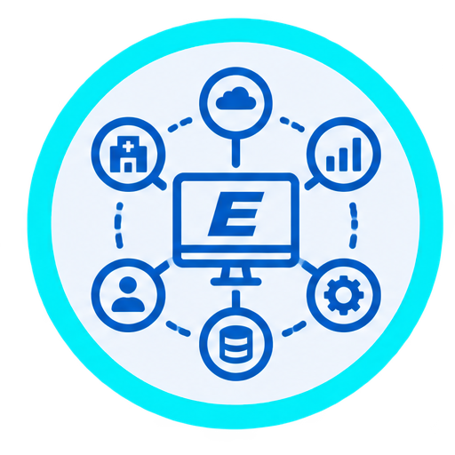 Digital network diagram with a computer monitor at the center, connected to icons representing cloud storage, bar graph, gear, database, user, and hospital.