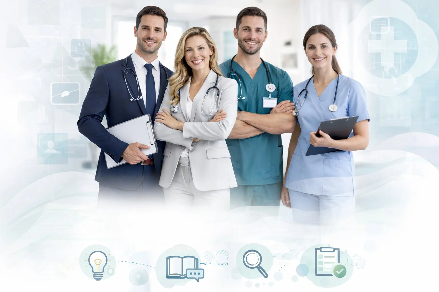 Group of four diverse medical professionals smiling in a hospital setting, dressed in scrubs and lab coats, holding clipboards, with medical icons overlayed in the background.
