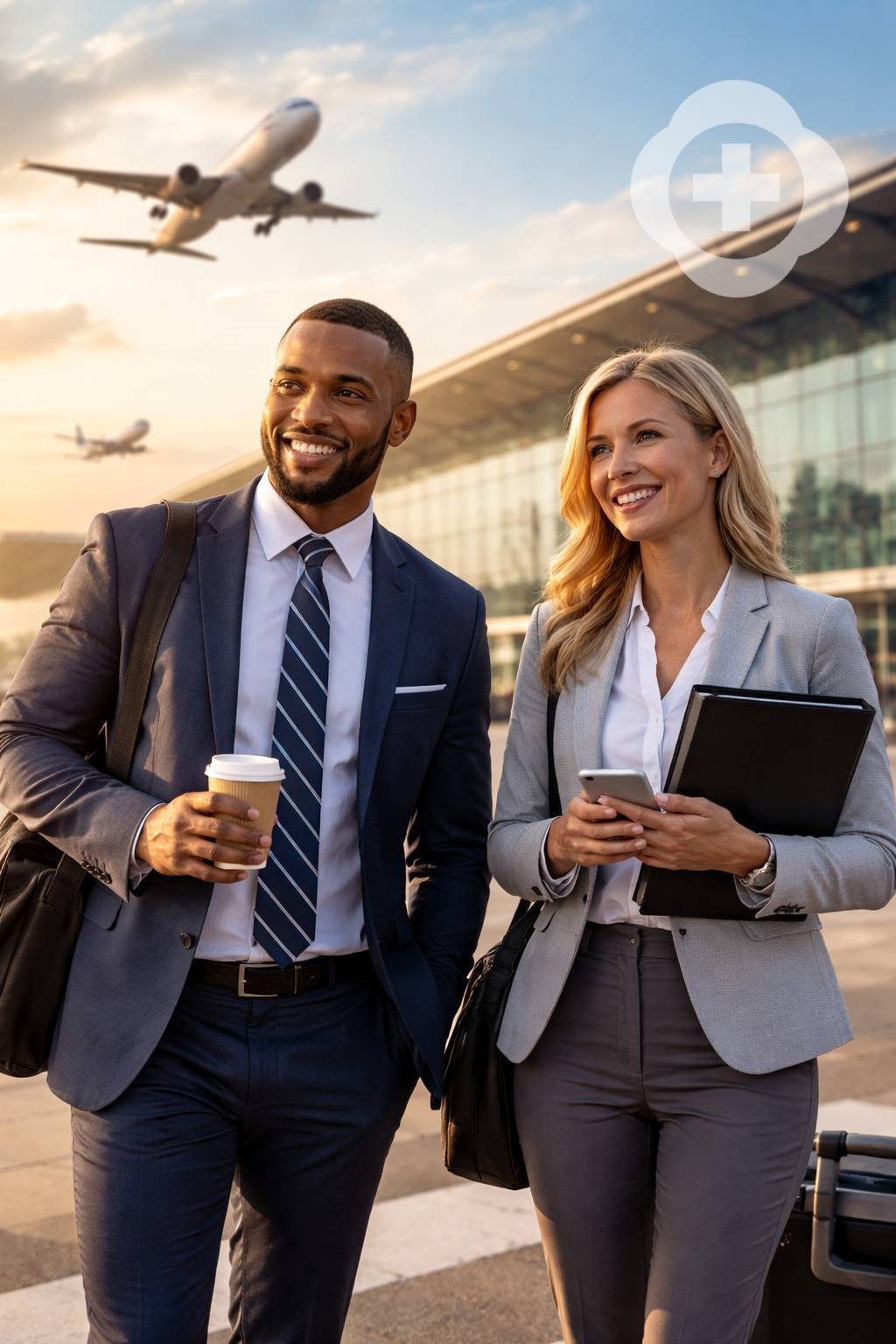 Two business professionals, a man and a woman, standing outside at an airport with airplanes flying overhead, smiling, dressed in business attire, and carrying briefcases and a coffee cup.