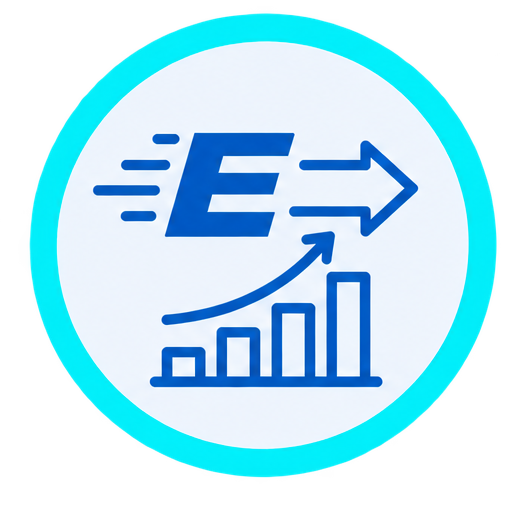 Icon with a large letter E, an arrow pointing right, a bar chart with an upward arrow, symbolizing electric vehicle energy or charging efficiency.