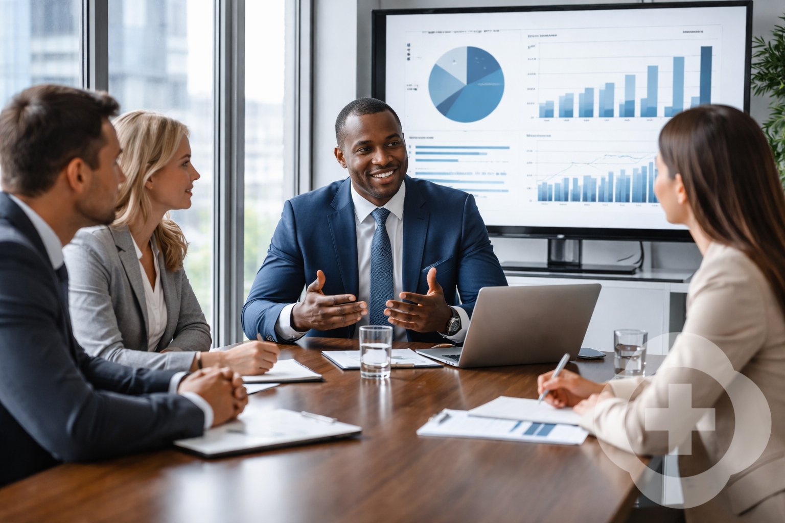 Business meeting with four people discussing data on a large screen displaying charts and graphs.