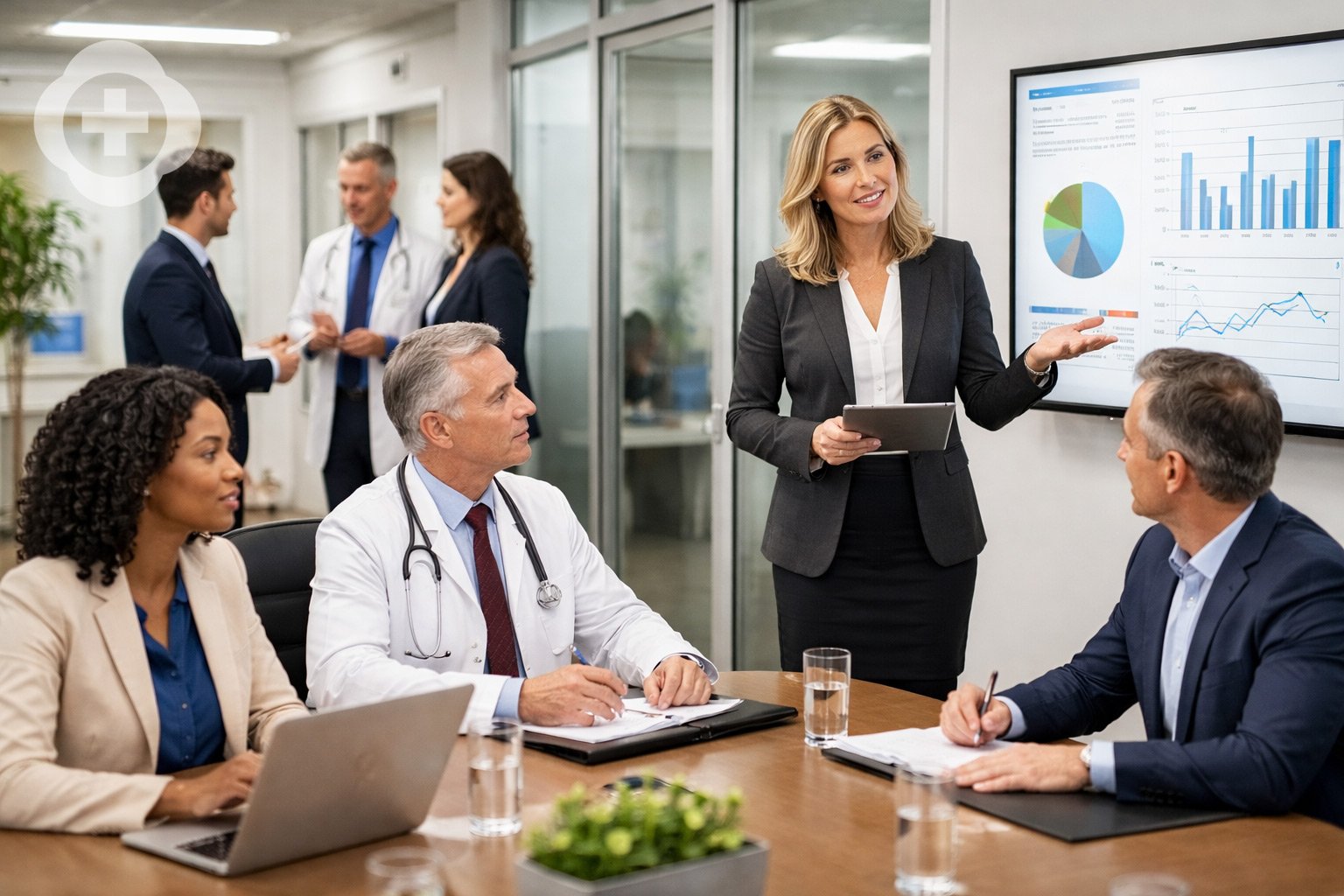A woman in business attire giving a presentation to a group in a medical office conference room with charts and graphs on a screen.