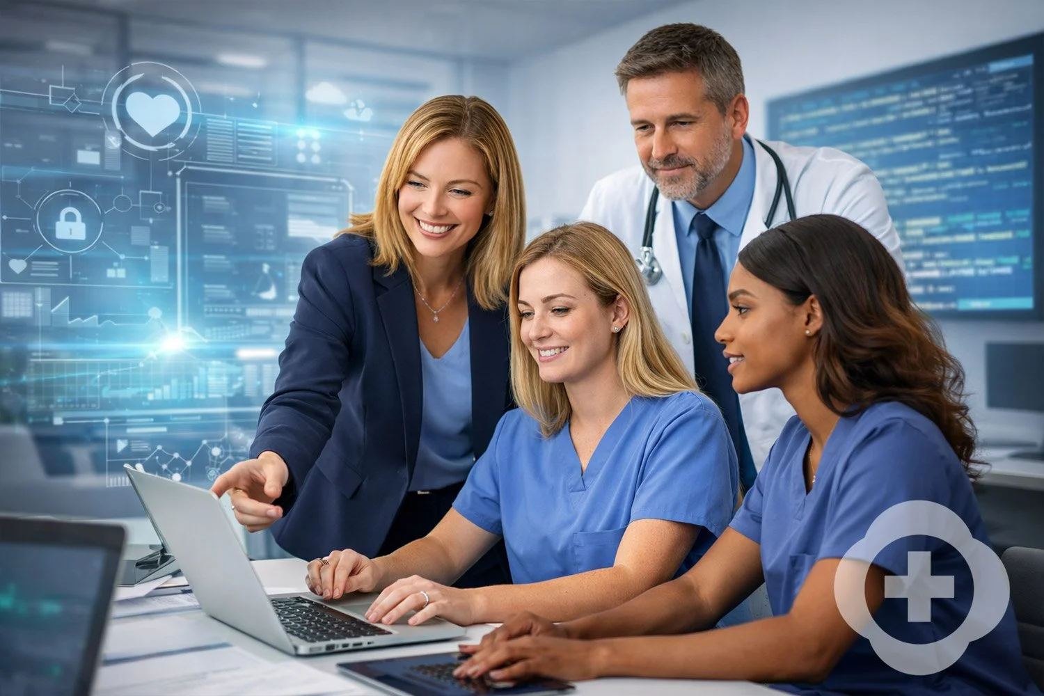 A diverse group of medical professionals, including two women and one man, looking at a laptop in a high-tech medical environment with digital health icons and data displays.