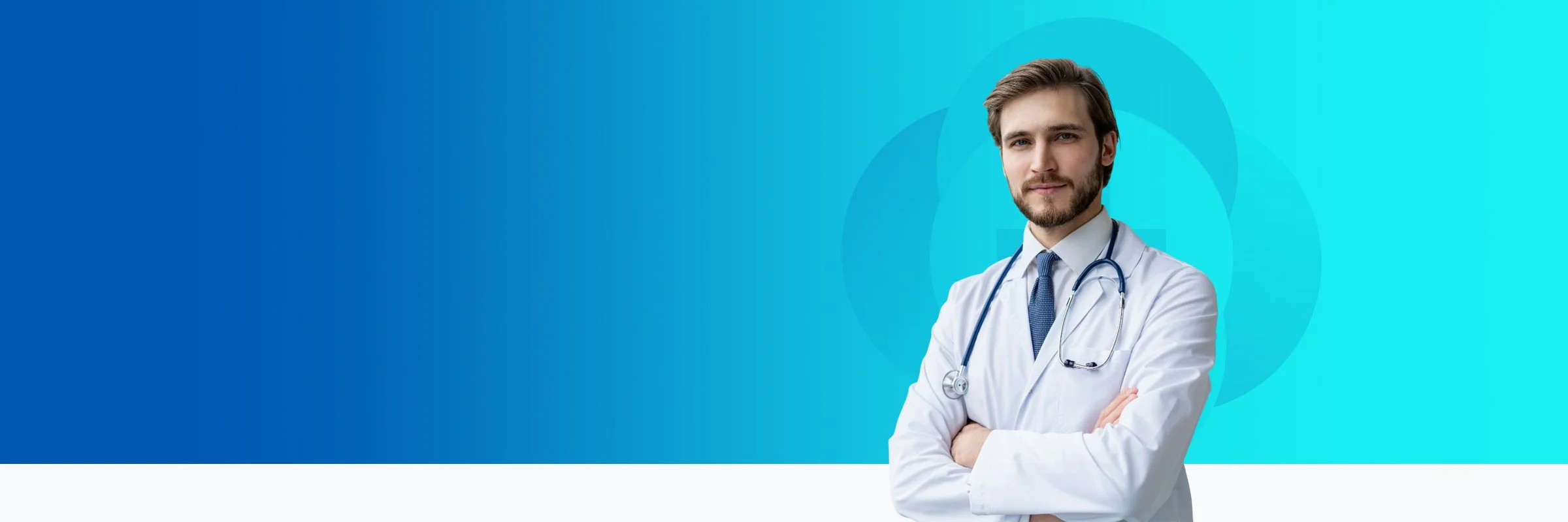 A male doctor with a beard, dressed in a white coat with a stethoscope, standing with arms crossed against a blue background with abstract circles.