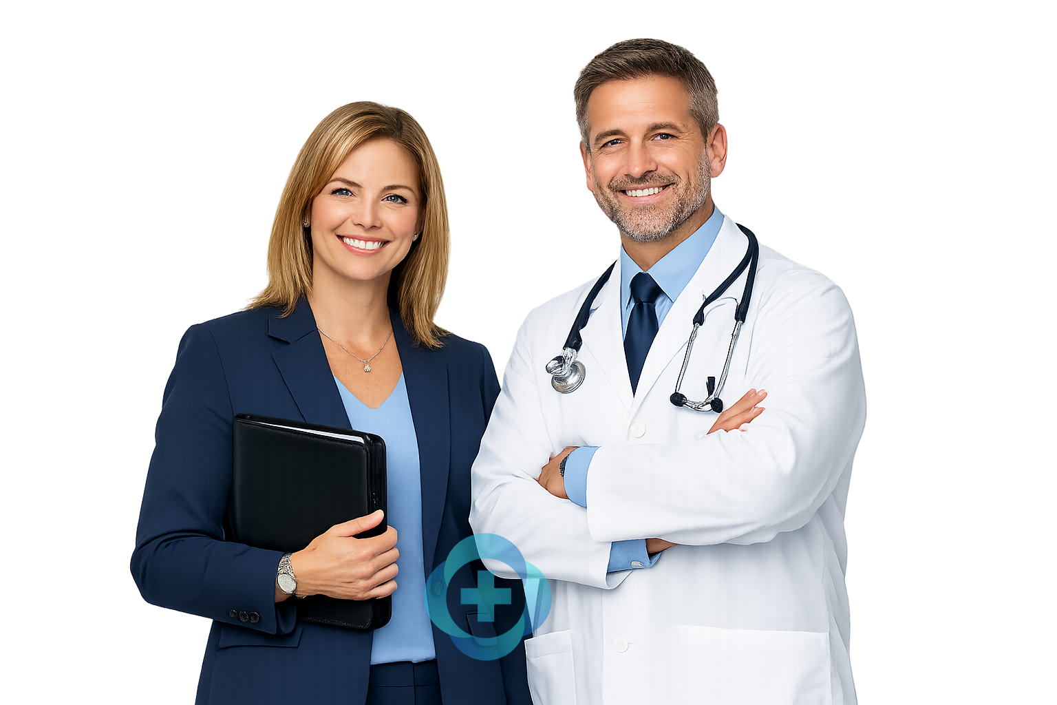 A smiling female doctor in a blue blazer holding a black folder standing next to a smiling male doctor with a stethoscope around his neck in a white coat. They are in a medical setting with a blurred background.