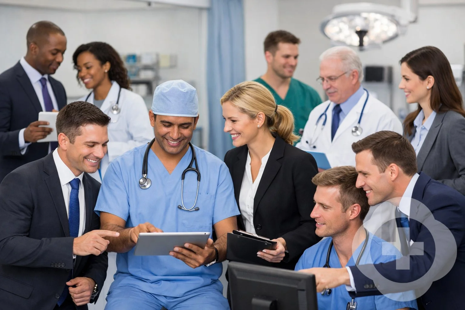 Group of diverse medical professionals in a hospital, smiling and looking at a tablet and a computer, engaging in a discussion.