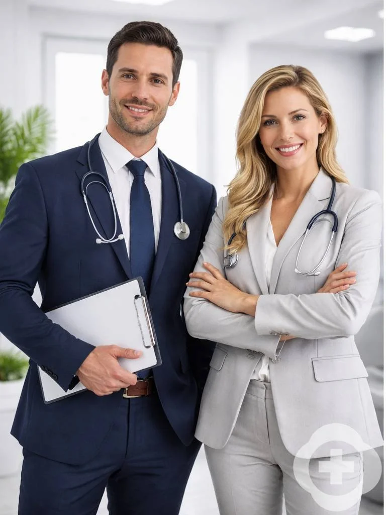 Two healthcare professionals, a man and a woman, standing in a bright medical clinic. The man is dressed in a navy suit with a stethoscope around his neck and holding a clipboard. The woman is wearing a light gray blazer, also with a stethoscope, and has blonde hair. They are smiling at the camera with arms crossed.