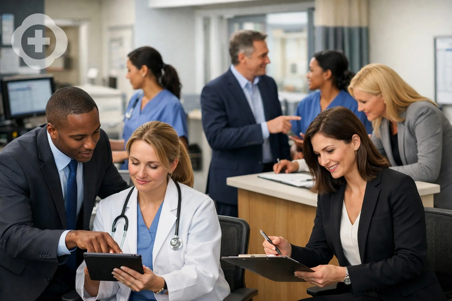 Healthcare professionals and doctors in a hospital or clinic setting, engaging in a discussion and reviewing information on devices and papers.