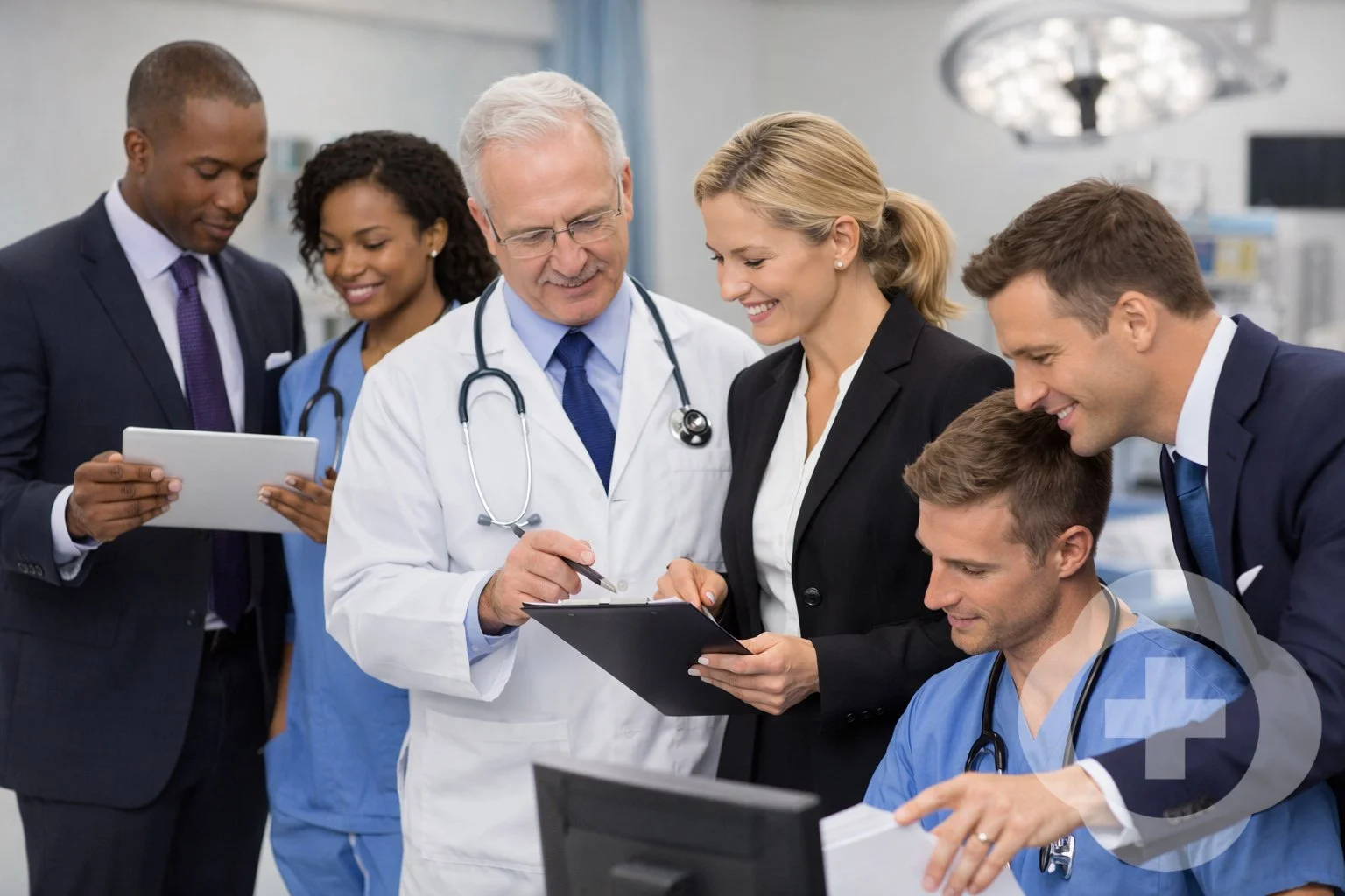 A diverse group of healthcare professionals, including doctors and nurses, gathered around a doctor holding a clipboard in a medical setting, engaging in a discussion and reviewing documents.