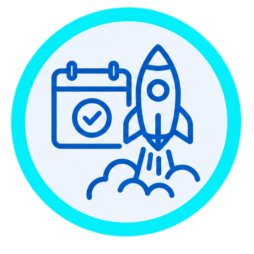 Icon of a calendar with a checkmark and a rocket launching.