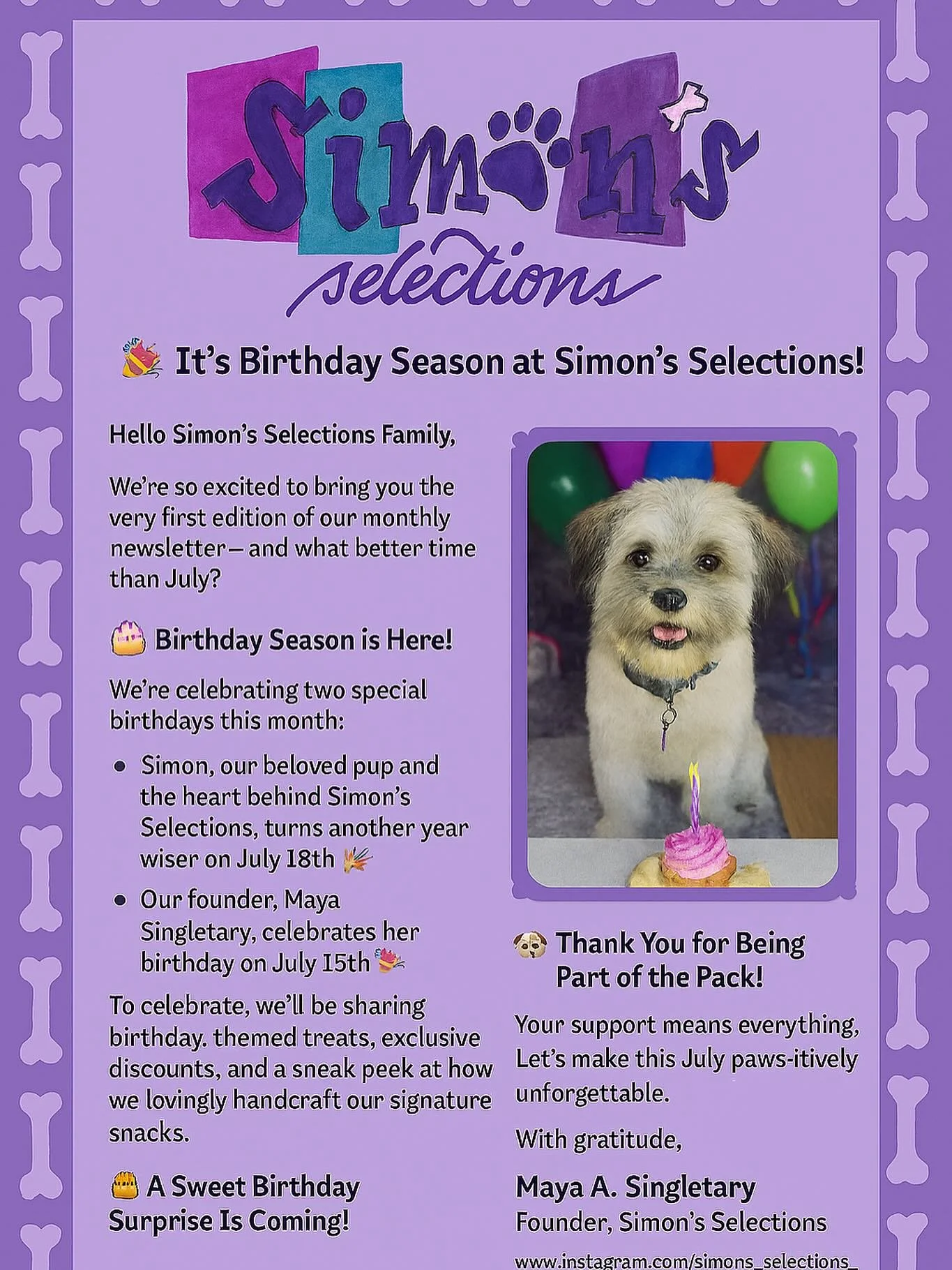 Our inaugural newsletter! July is a busy month for Simon&rsquo;s Selections. Simon and I both celebrate our birthdays, and we&rsquo;re gearing up for the launch of our website (FINALLY!) Hope everyone has a fabulous month!