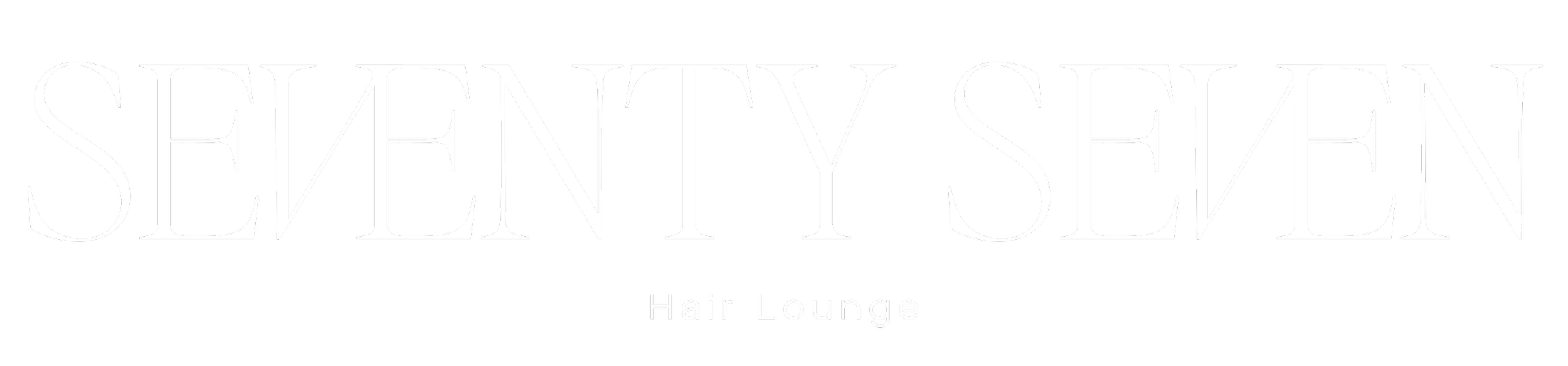 Salon sign reading 'Seventy Seven Hair Lounge' in white text on a black background.