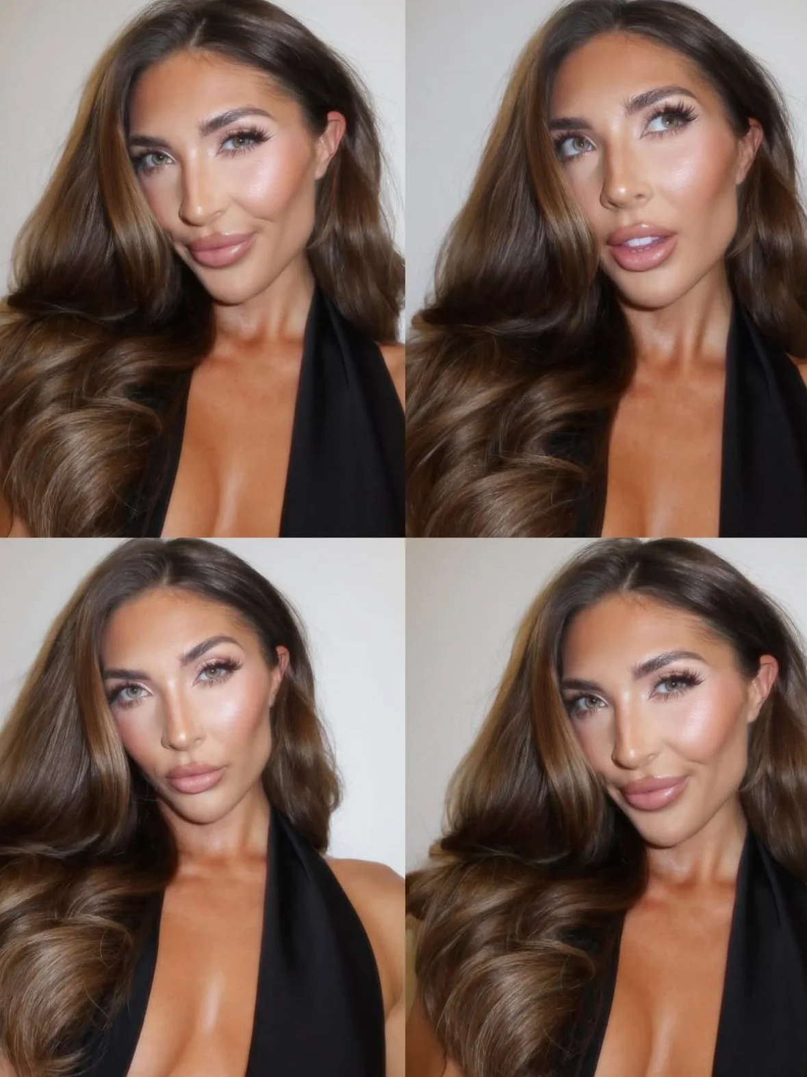 A collage of four portraits of the same woman with long, wavy brown hair and makeup, wearing a black top. She is posing with different facial expressions and head angles against plain backgrounds.