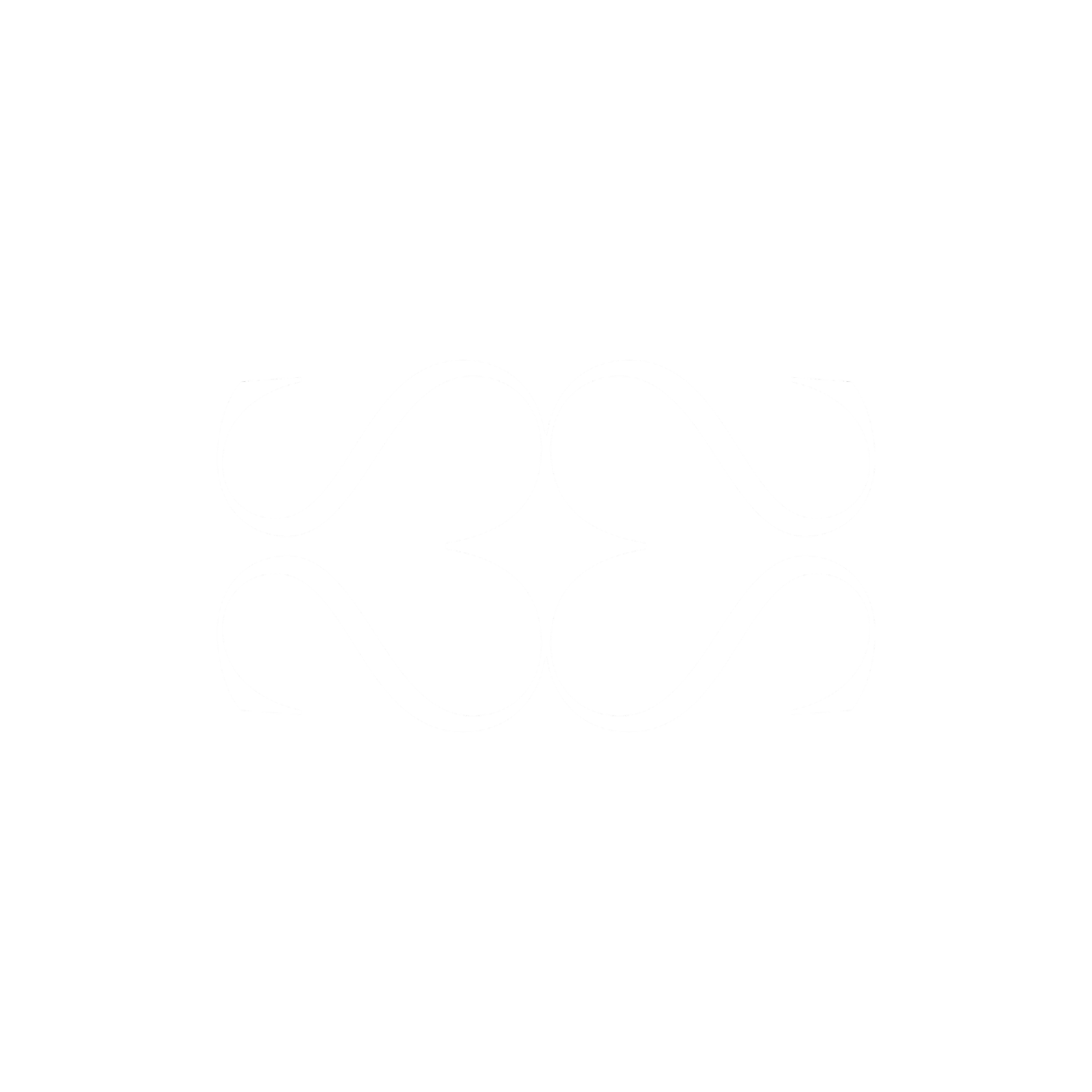 Line of white masks hanging from a black background, each one with circular eye holes and a nose opening, arranged in a pattern.