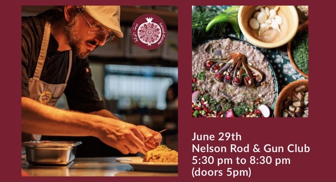 Chef Bukhari plating a meal and an overhead photo of a prepared dish surrounded by ingredients.