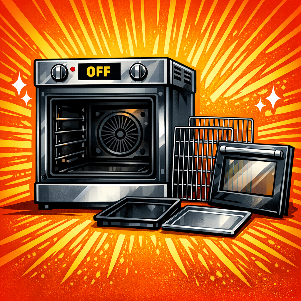 A retro style explosion background featuring a kitchen oven, a wire rack, a microwave, and baking trays.