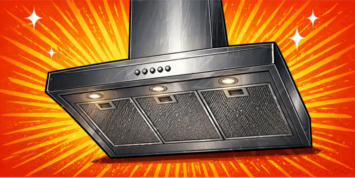 Close-up of a modern black kitchen range hood with lights on, set against an orange and yellow dynamic background with starburst patterns.