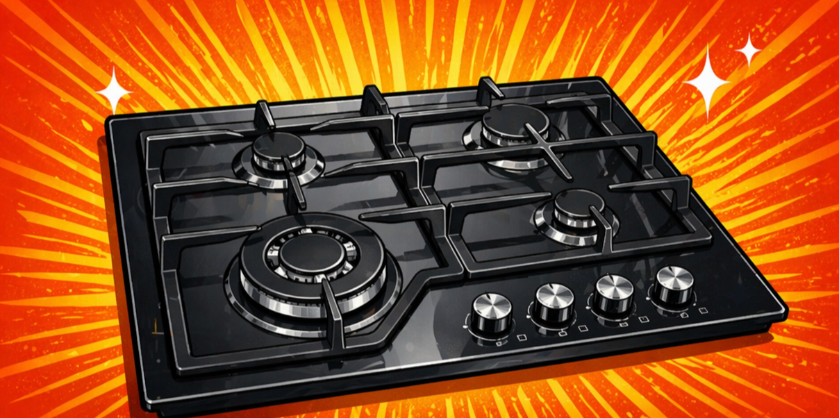 Black gas stove with four burners on a vibrant orange and yellow background.