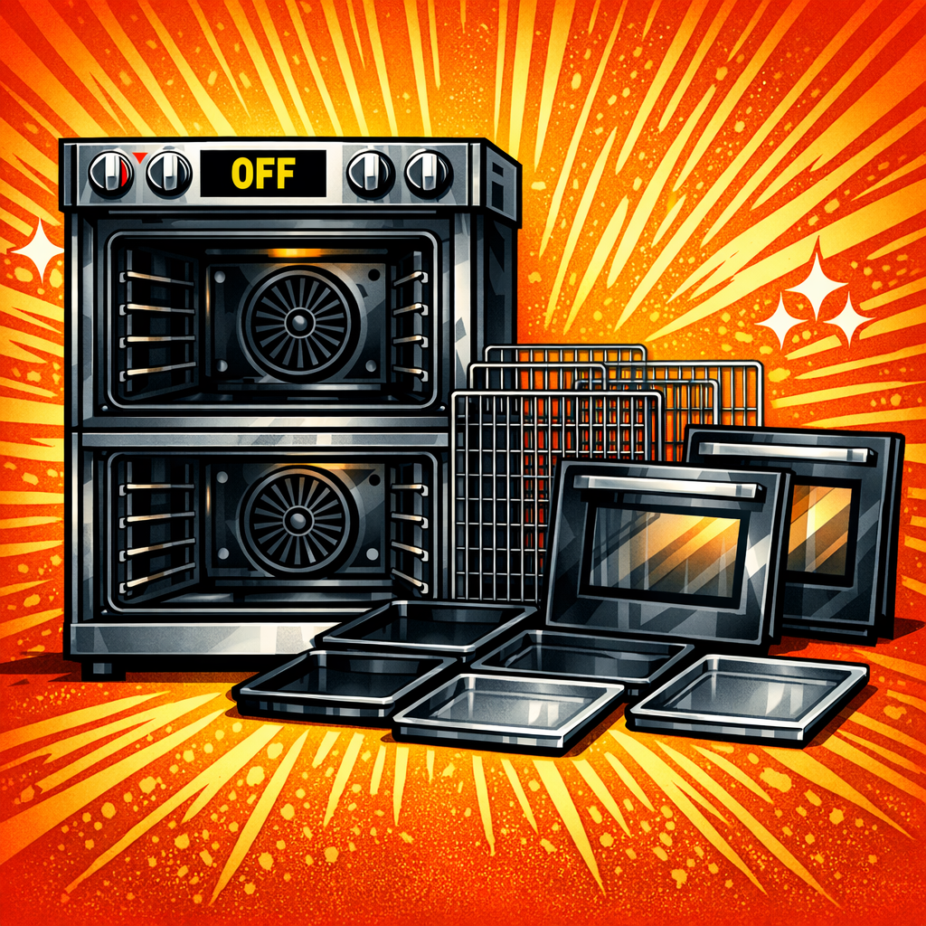 A set of black kitchen appliances and tools, including oven, microwave, baking racks, and baking trays, with a vibrant orange and yellow starburst background.