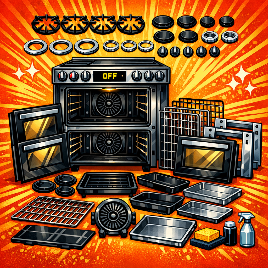 A collection of kitchen appliances and accessories, including an oven, oven racks, baking trays, pot holders, and cleaning supplies, arranged on a vibrant orange and yellow background.
