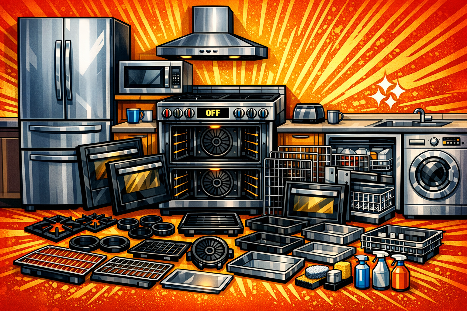 A kitchen with many disassembled appliances and kitchen supplies spread across the countertop and floor, including a refrigerator, microwave, stove, toaster, washing machine, various baking trays, dish racks, cleaning supplies, and kitchen utensils, set against an orange background with radial lines and starburst effects.