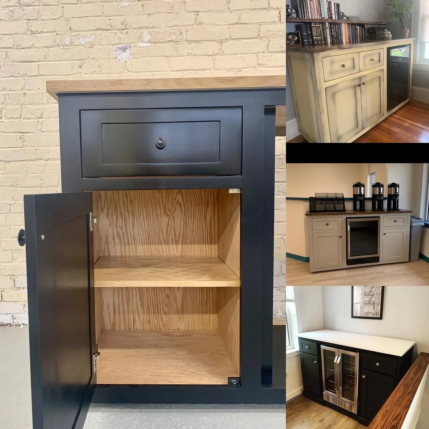 Photos of various custom-built cabinets and countertops, including a black cabinet with a drawer and open space, a cream-colored cabinet with a wood finish, a kitchen bar area with espresso machines, and a black and white beverage cabinet with a wine