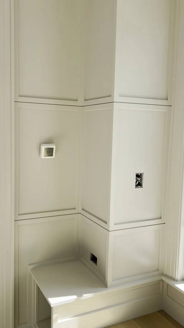 Interior of a room with white wall panels, an empty framed opening for a light switch or outlet, and a small built-in bench under a window with sunlight casting shadows.
