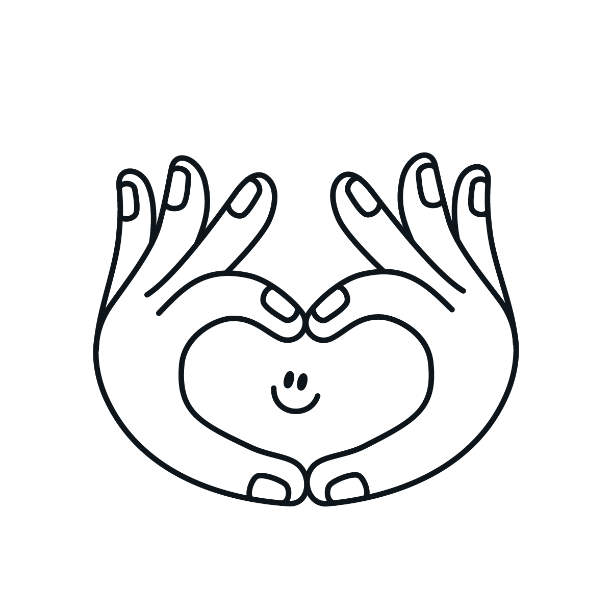 Outline drawing of two hands forming a heart shape around a smiling face with closed eyes.