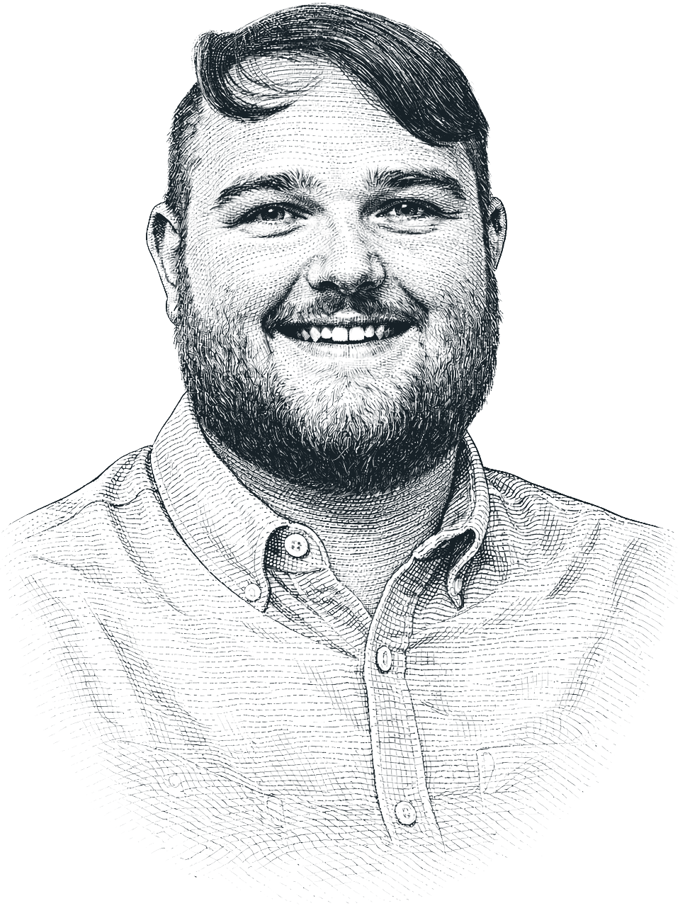 A stylized digital portrait of a smiling man with short hair and a beard, wearing a collared shirt, created with engraved line art on a black background.