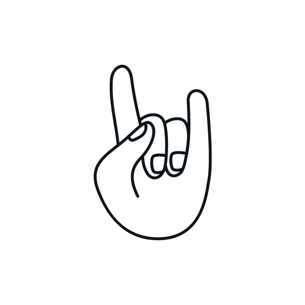 Line drawing of a hand making the rock and roll gesture with the index and pinky fingers extended.