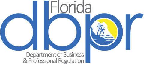 Florida Department of Business & Professional Regulation logo featuring the acronym 'dbpr' with a palm tree, wave, and sun symbol.