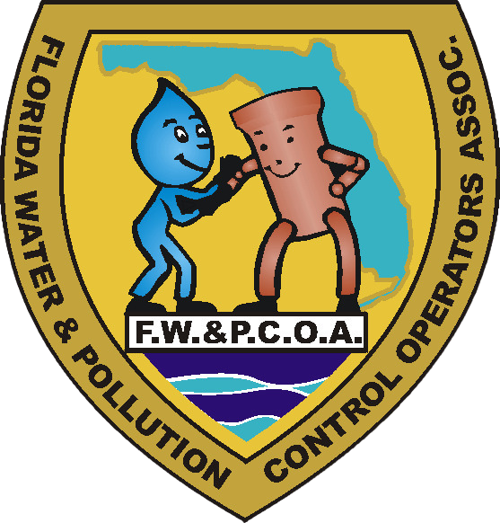 Florida Water & Pollution Control Operators Association logo featuring a cartoon water droplet and a brown pipe smiling, with Florida state outline in background and water waves at the bottom.