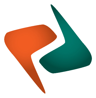 Abstract logo with overlapping orange, teal, and light teal speech bubbles.