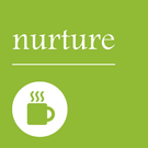 Green background with the word 'nurture' and a white coffee cup icon.
