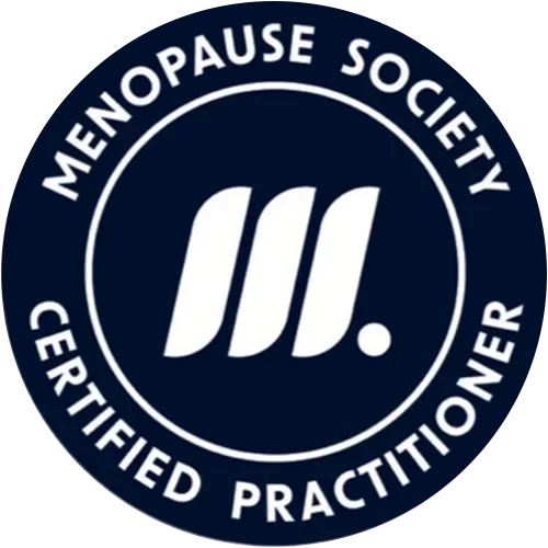 Menopause Society Certified Practitioner logo with dark blue background, white text, and central icon.