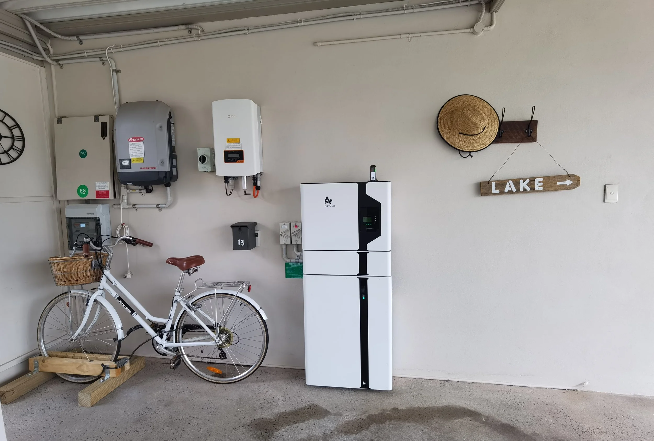 Solar battery storage system installed inside a residential garage for home solar energy storage and power management.