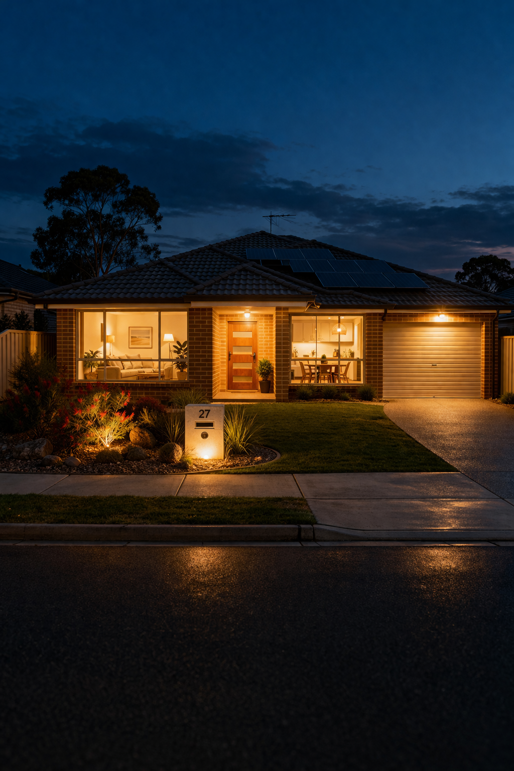 A house with Solar and solar battery at night