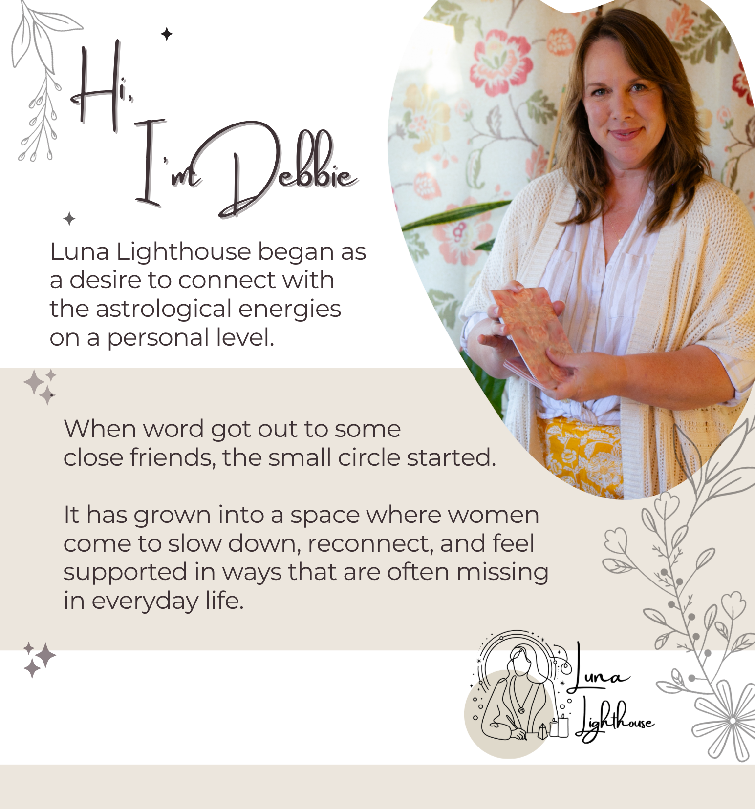 The image features a woman with shoulder-length brown hair, standing indoors in front of a floral wallpaper. She is wearing a white shirt and a cream-colored cardigan, holding a deck of cards, and smiling at the camera. To the left of her, there's a graphic with handwritten text that says, "Hi, I'm Debbie," along with information about Luna Lighthouse, a space for women to connect, support, and reconnect.