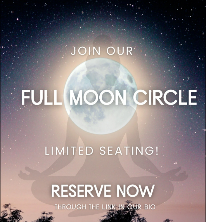 Invitation to join a Full Moon Circle with limited seating, featuring a background of a full moon, a figure in a yoga pose, and a starry night sky.