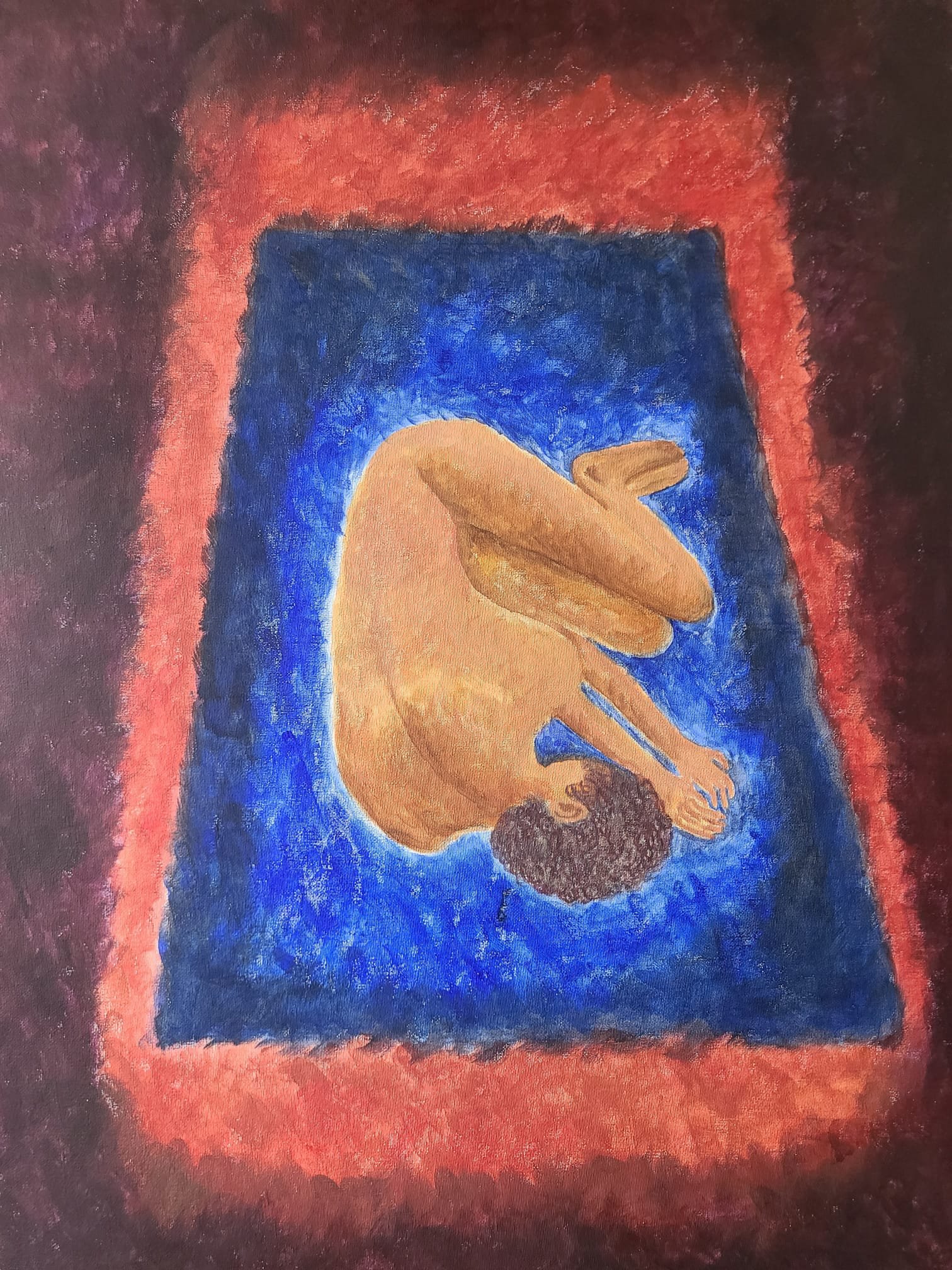 The Insomnia Series 2 'FETUS' Oil on canvas 
Feeling so small. Ablaze the blazing purgatory waves engulf me, but I lie calmly in wait. The icy cool rapturous cradle keeps me sane. Fire and ice. The tug and pull of my memory as I try to recall the sum