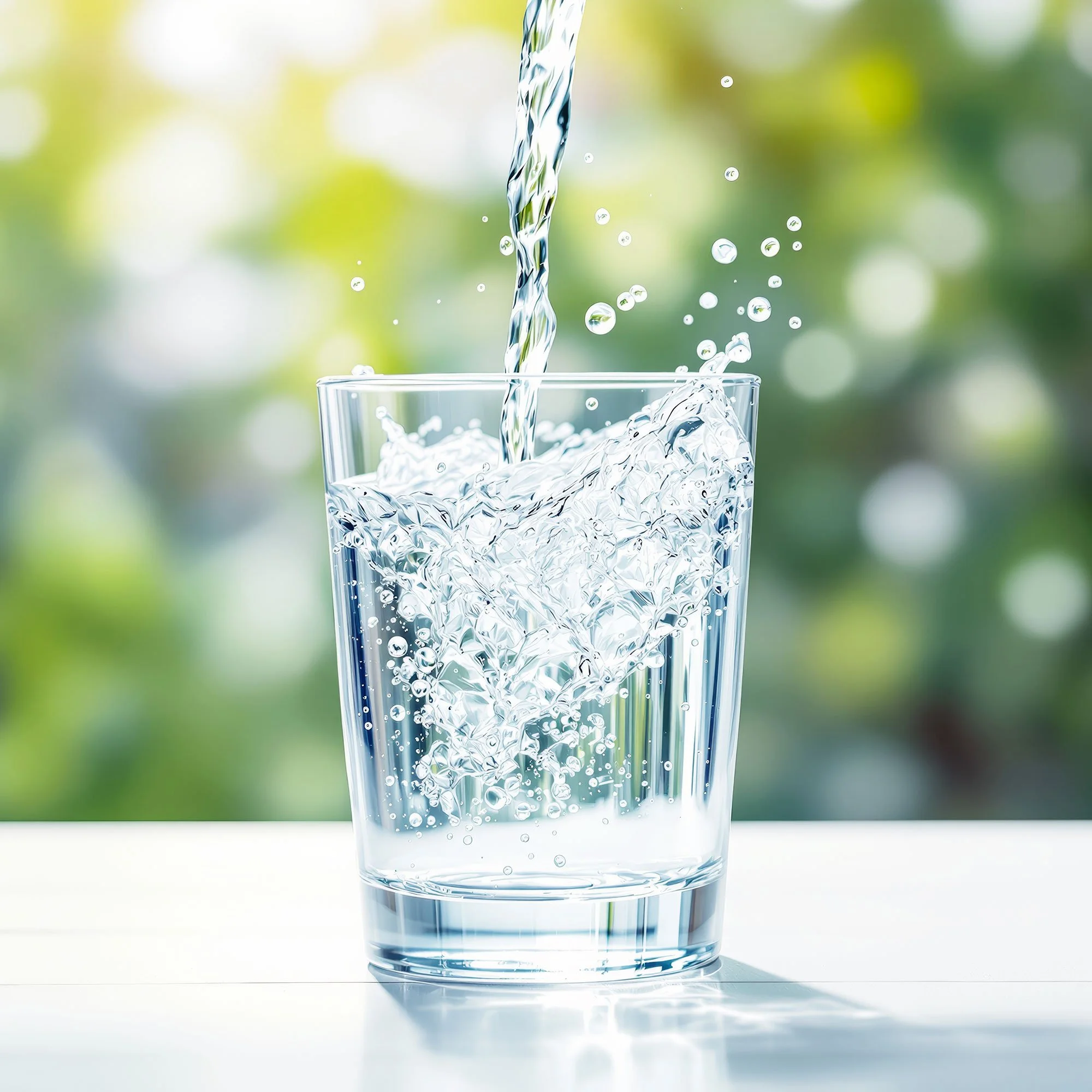 Clear glass of water with water being poured into it on a white surface, blurred green and yellow background.