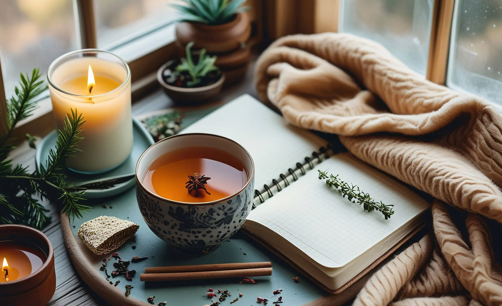 A cozy scene with a lit candle, a cup of tea with a star anise, and an open notebook with grid paper and a small sprig of greenery, all on a desk by a window with a soft blanket and small potted plants nearby.