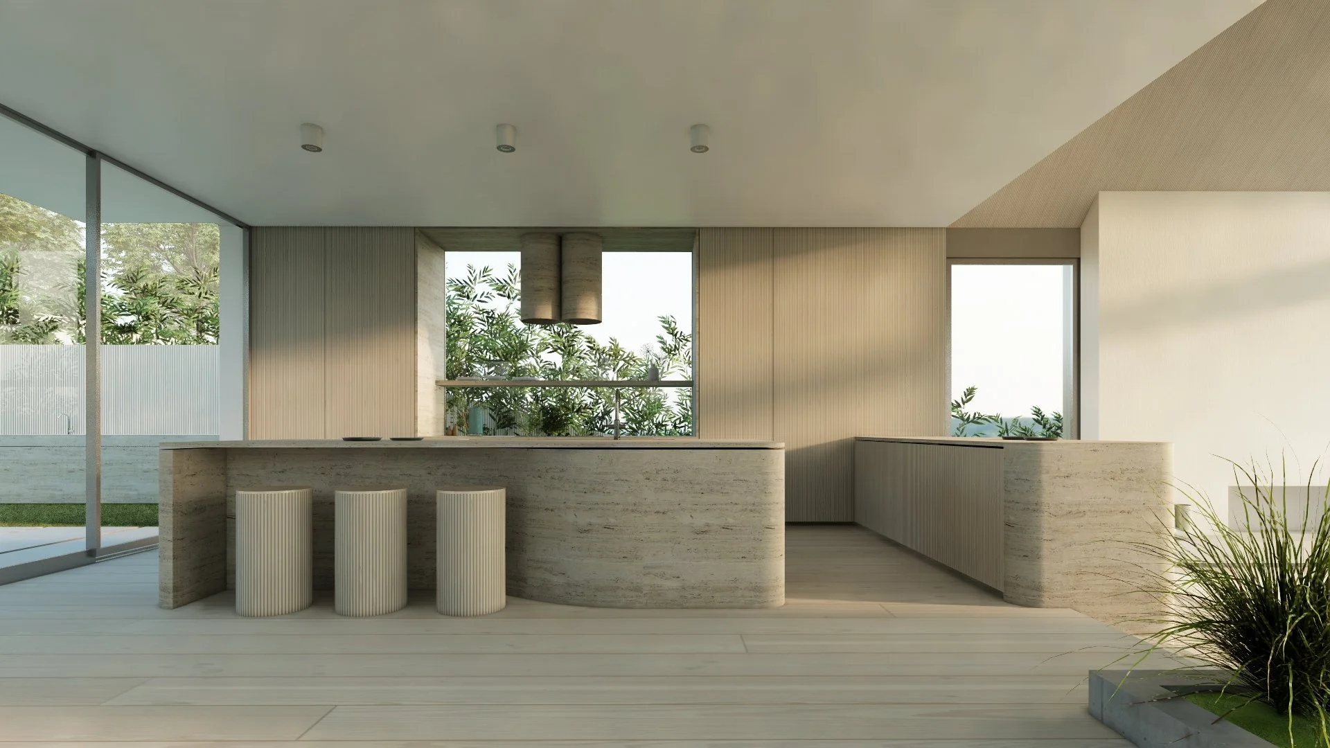 Architectural rendering of a sculptural kitchen featuring a curved natural stone island, minimalist cabinetry, and custom residential design by JBurton General Contractor.