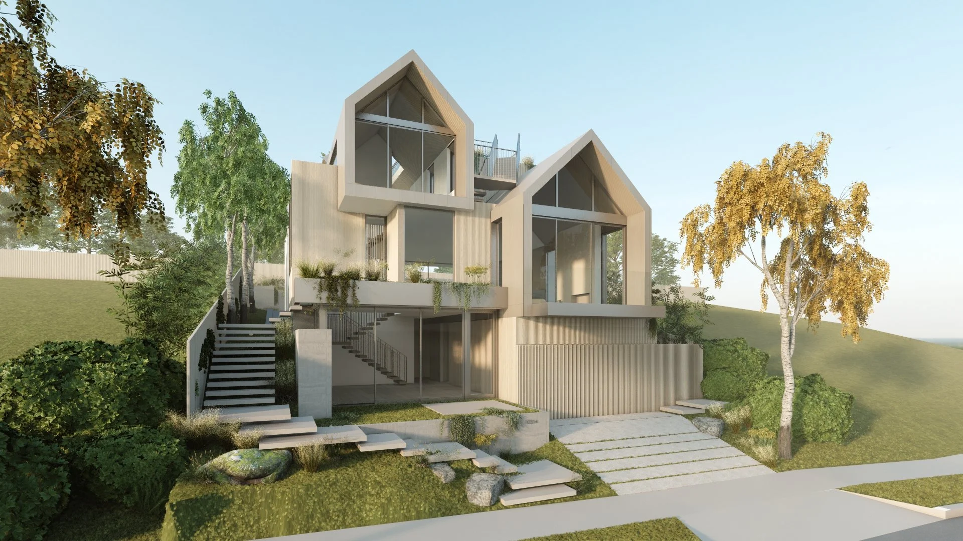 Exterior architectural rendering highlighting the distinctive rooflines and modern residential design of a new Westside Los Angeles home by JBurton General Contractor.