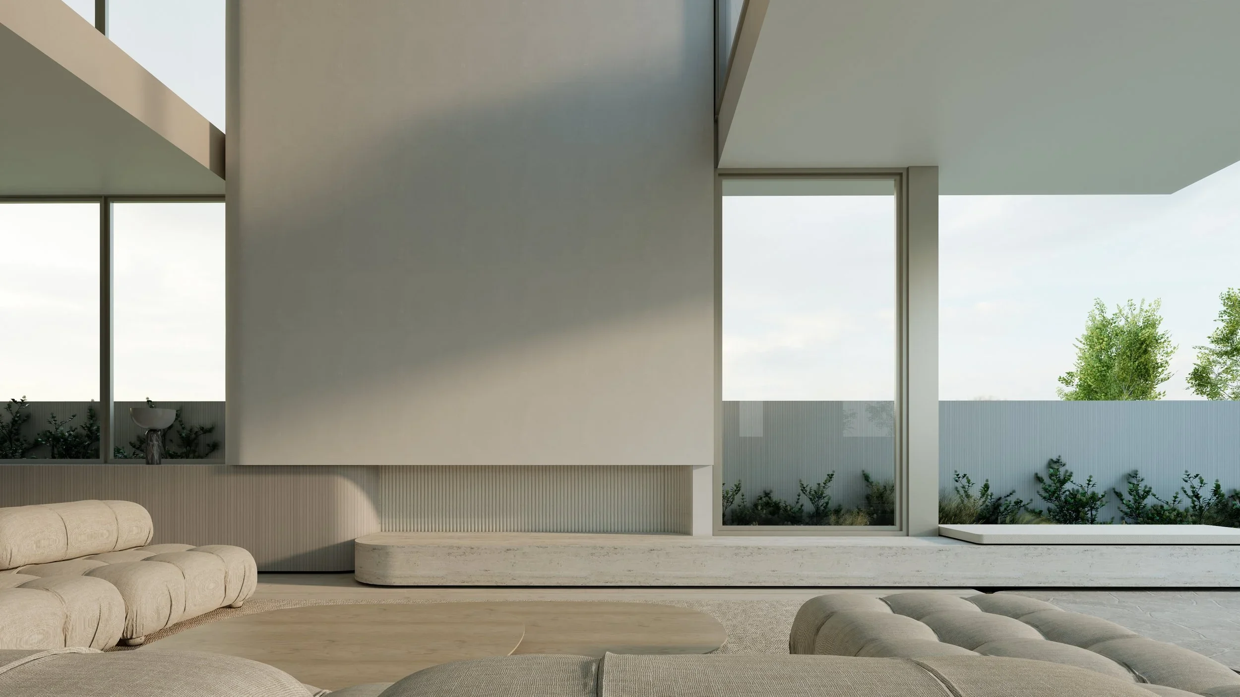 Contemporary living room rendering with a statement fireplace, floor-to-ceiling windows, and minimalist finishes in a luxury Pacific Palisades fire rebuild by JBurton General Contractor.