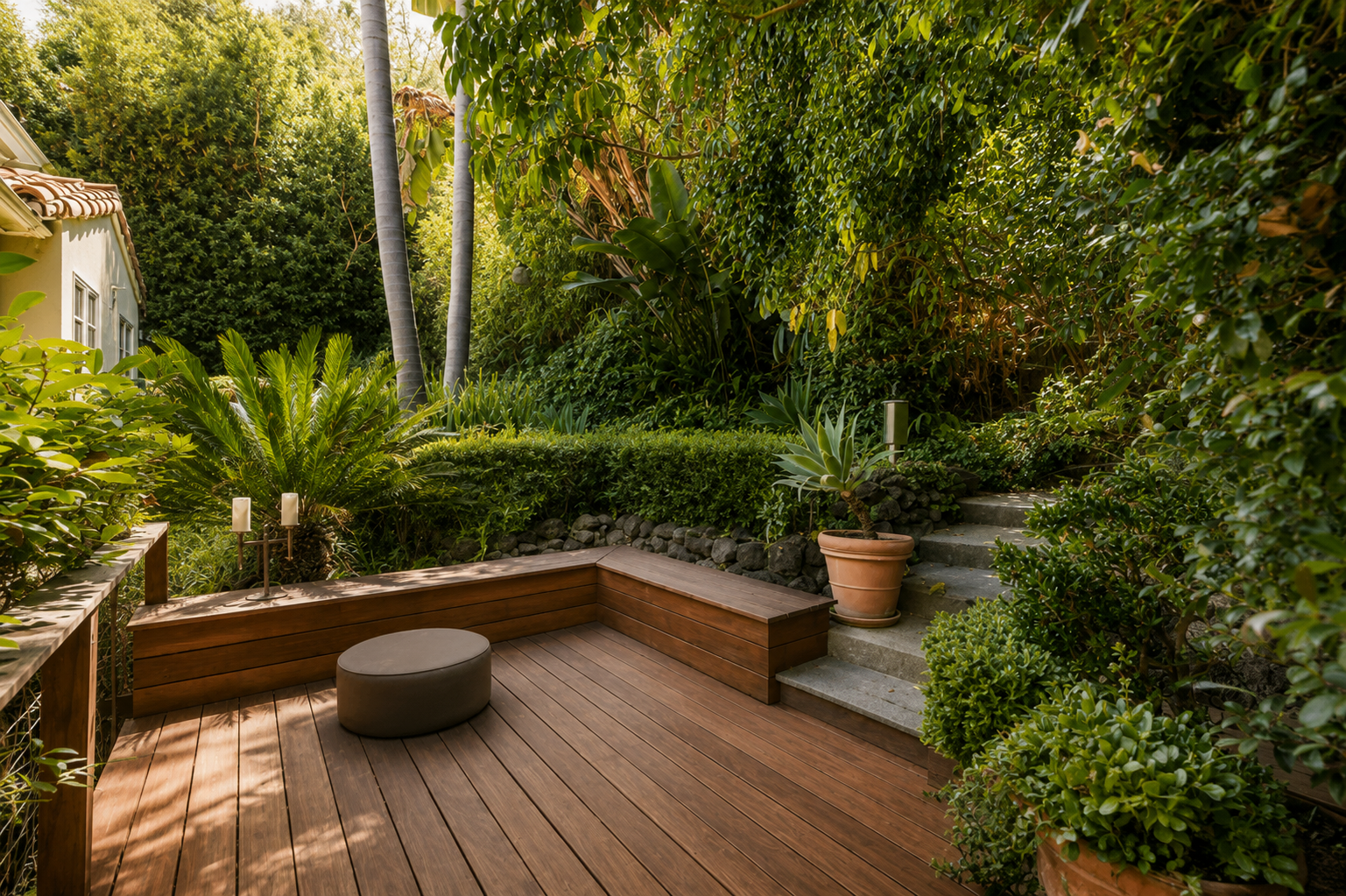 Private garden deck surrounded by mature landscaping as part of a Spanish Revival home renovation in Los Feliz.