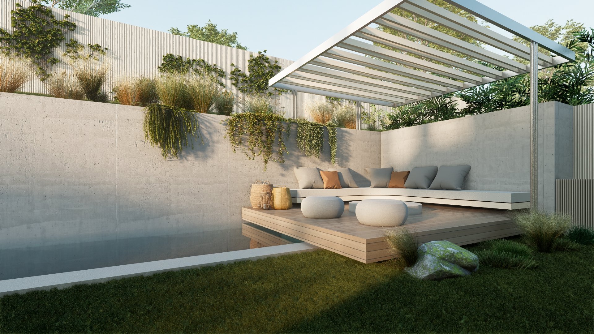 Landscape rendering featuring layered terraces, architectural pergola, integrated planting, and resort-inspired outdoor living designed for a custom Westside Los Angeles home by JBurton General Contractor.