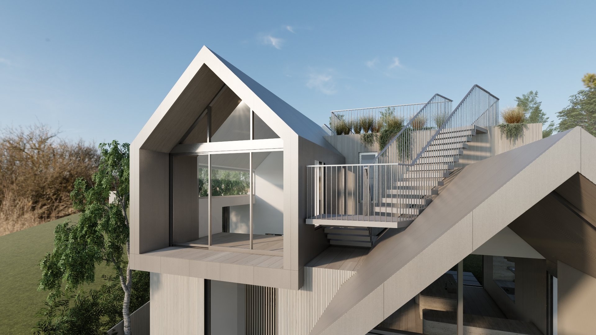 Exterior rendering showcasing distinctive gabled architecture, expansive glazing, and rooftop outdoor spaces for a new custom residence by JBurton General Contractor.