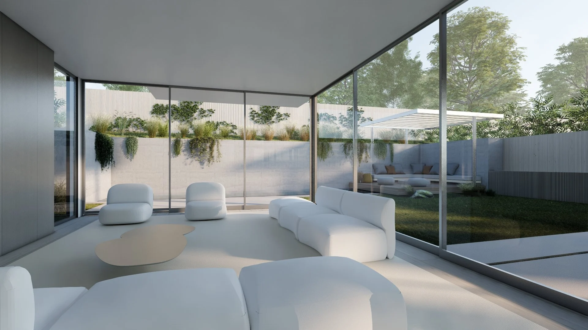Architectural visualization illustrating seamless indoor-outdoor living with floor-to-ceiling glass, natural materials, and light-filled entertaining spaces by JBurton General Contractor.